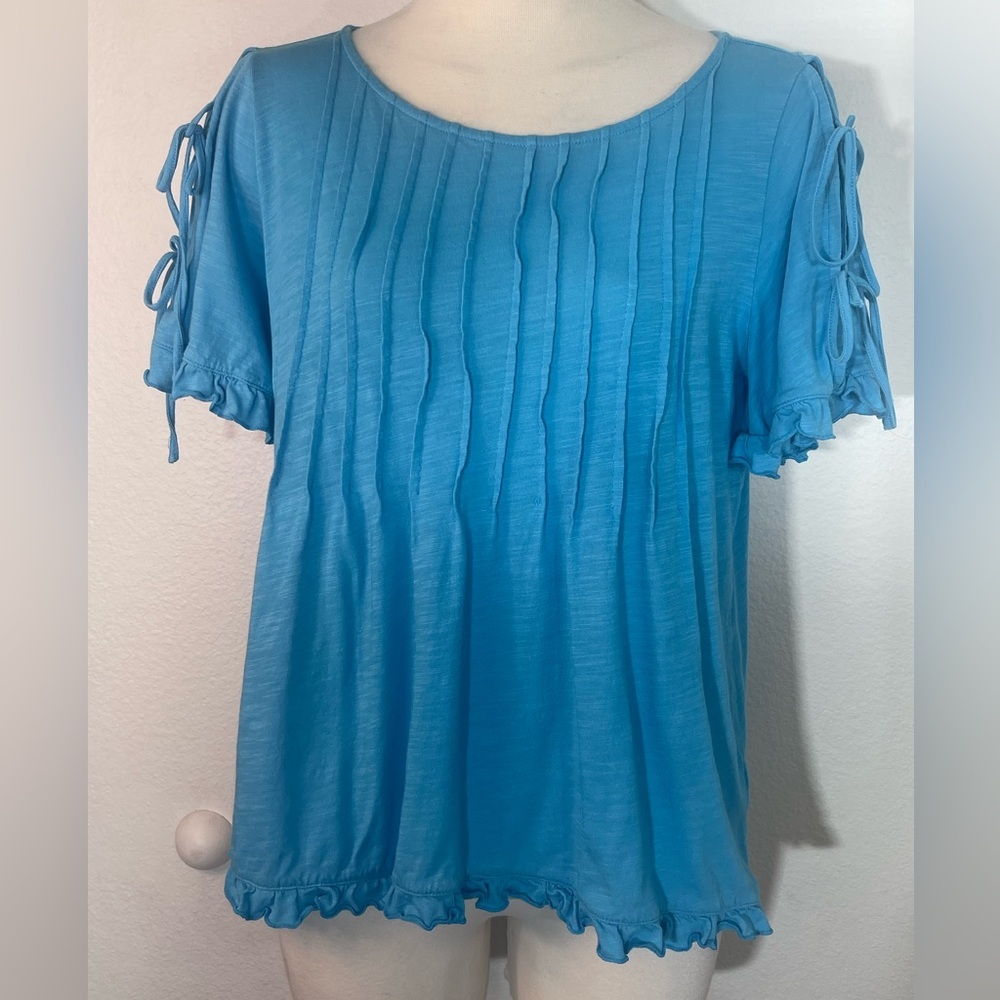 Cato Women’s Teal Ruffled Blouse Top Size Small Tassels Bows Stretchy Comfort